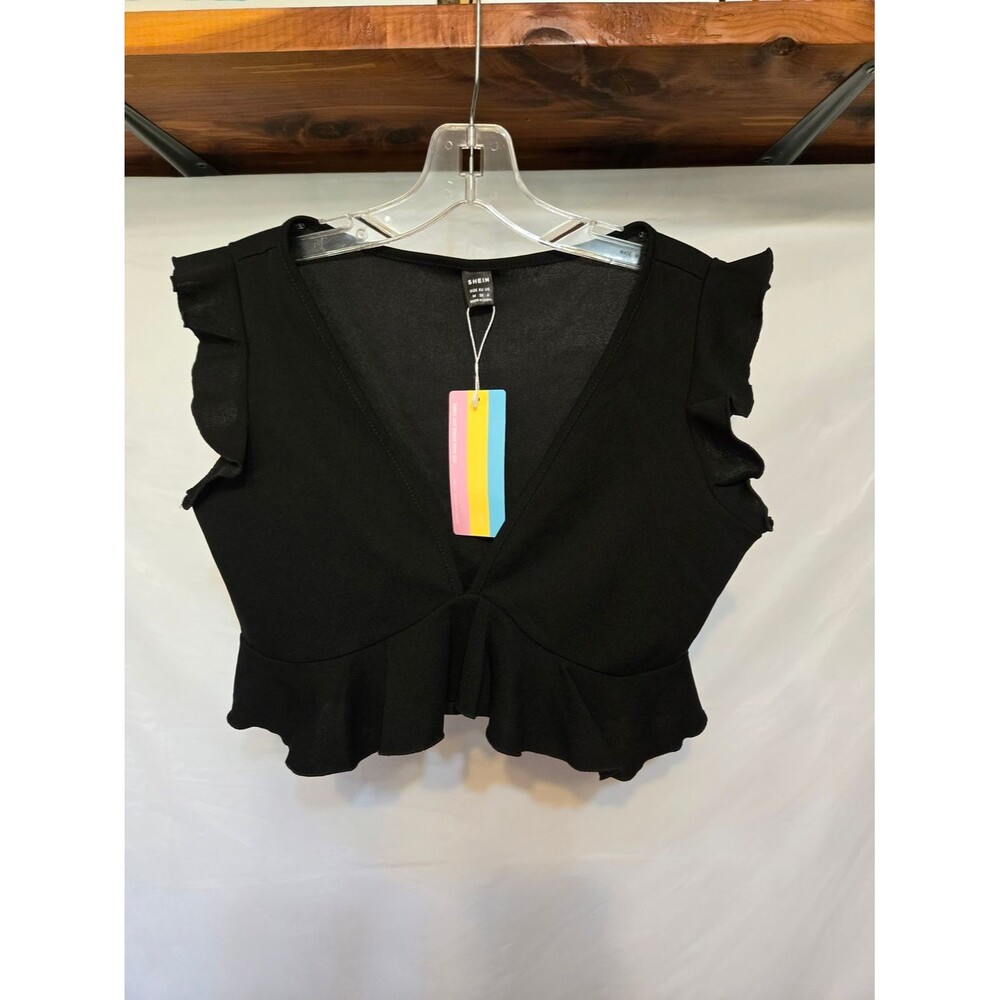 SHEIN Black Ruffle V-Neck Crop Top